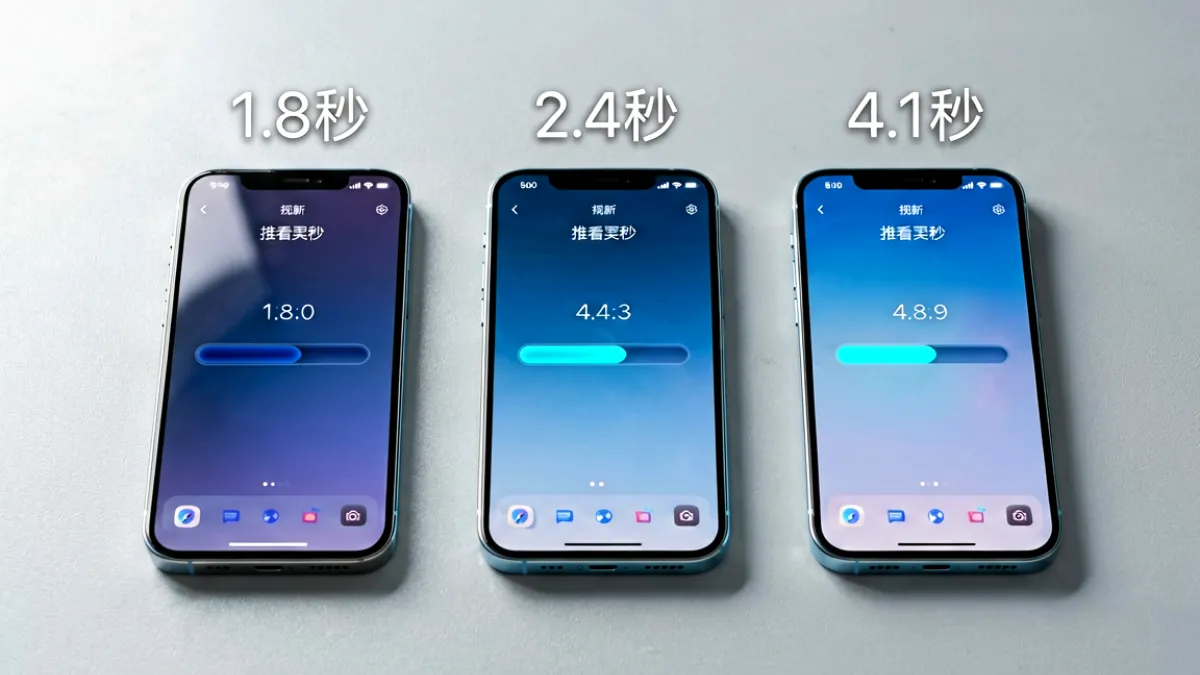 多个中文内容平台在移动端首屏加载速度测试中的计时截图，手机界面显示不同加载进度