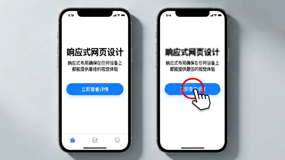 哥去射中文网移动端界面与同类平台缩放式移动页面的对比展示，屏幕大小与手指操作示意