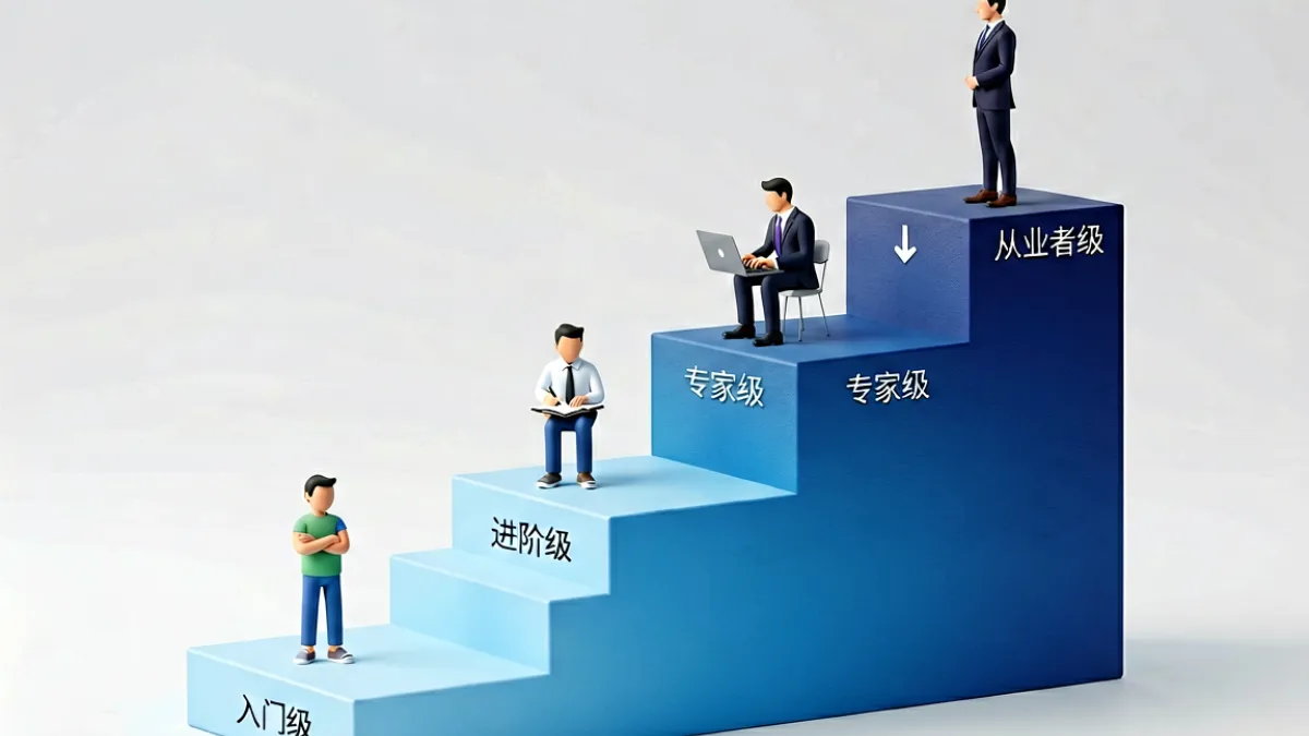 哥去射中文网内容分级机制示意图——四个阶梯从入门到从业者依次排列，每一级配有对应的读者画像说明