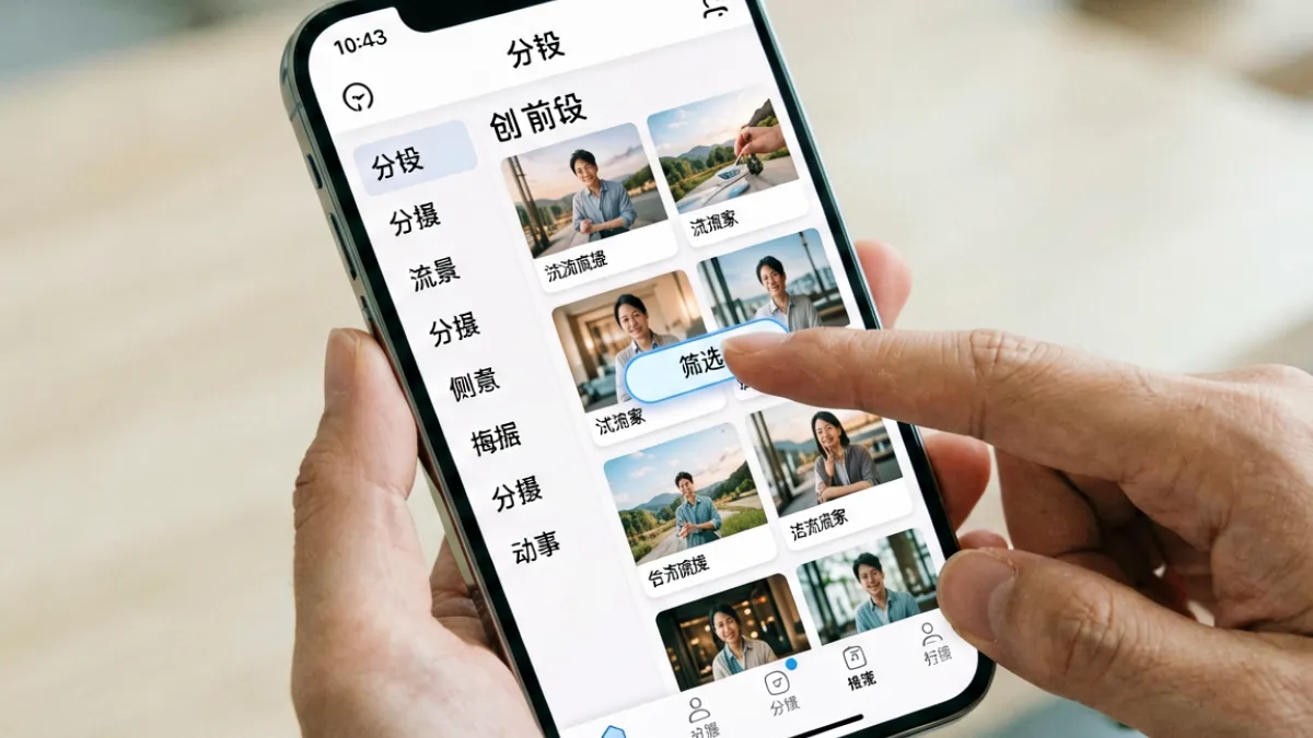 用户在哥去射中文网手机端操作界面，展示内容分类列表与搜索筛选功能截图对比